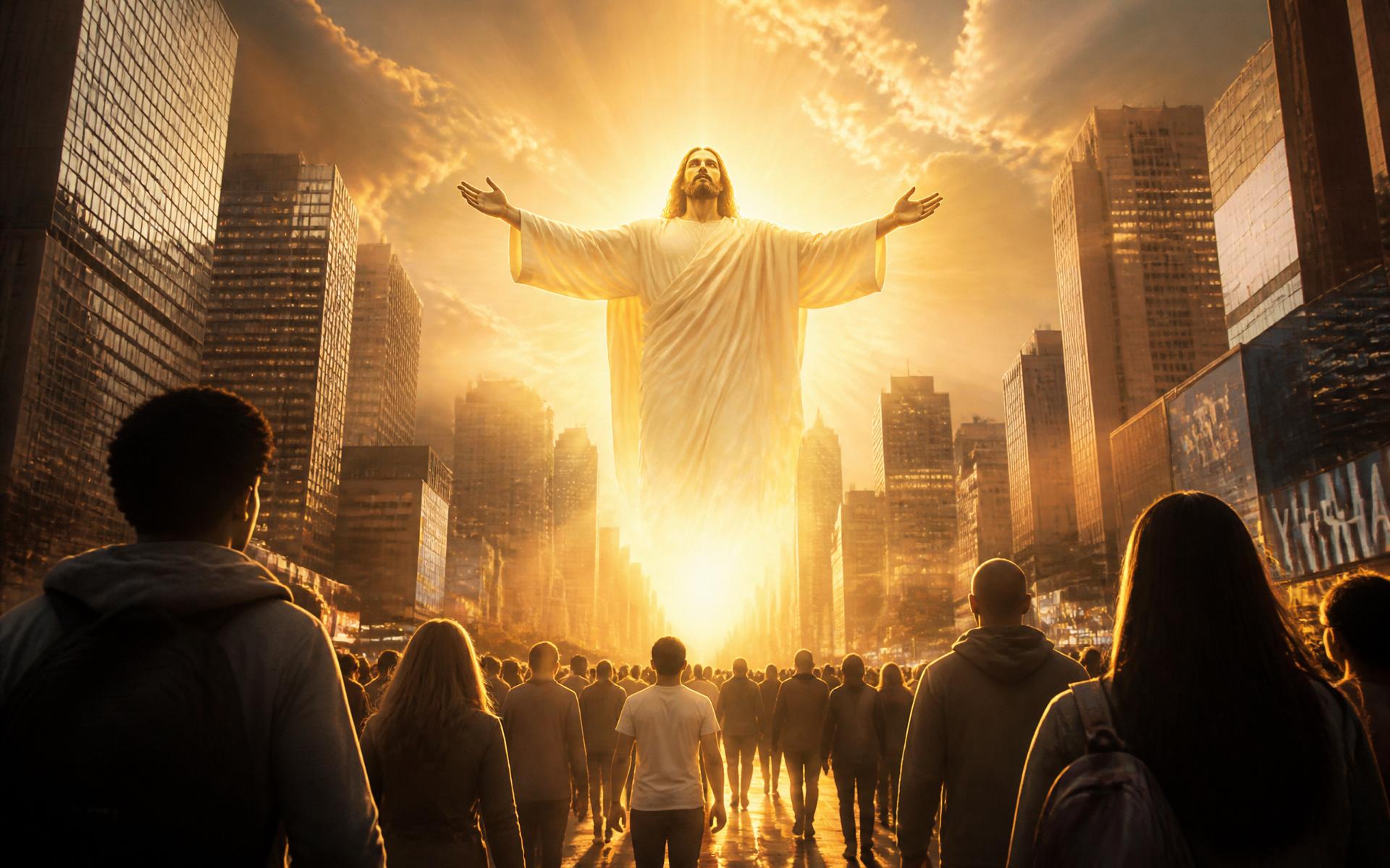 Jesus Christ over a city street with crowds walking toward the light